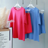 Summer Tracksuits Womens Two Peices Set Leisure Outfits Cotton Oversized T-shirts High Waist Shorts Candy Color