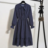 Women Casual Summer Dress Lady Korean Style Vintage Floral Printed Chiffon Shirt Dress Long Sleeve Bow Midi Summer Dress