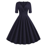 Green Solid Rockabilly 1950S Vintage Ruched V Neck Elegant Party Dress Women 2021 Summer Half Sleeve A Line Midi