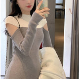 Winter Elegant Fashion Hollow Out Spliced Sweater Bodycon Dress Women Long Sleeve Vestidos De Fiesta Lady Casual