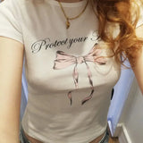 Short Sleeve Bow Text Print White Tee-Outfit