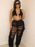 Two PIeces Set Sexy Knitted Halter V-Neck Lace Up Backless Tassel Skinny Crop Tops + Hollow Out Pants Streetwear