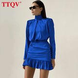Eleagnt Slim Turtleneck Blue Satin Dresses For Women 2022 Fashion Long Sleeve High Waisted Dresses Autumn Ruched Mini