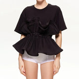 Zingj Summer New Fashion Temperament Slim Show Thin Round Collar Flounce Splicing Design Sense Short-Sleeved Women's