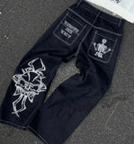 Popular Skeleton Bone Embroidered Jeans Women Y2K New Harajuku Hip Hop Straight High Waisted Jeans Punk Casual Baggy