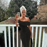 Knit Off-Shoulder Pleated Wrap Maxi Dress- Outfit