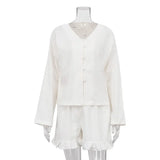 Zingj Women's Summer New Set Beige Long Sleeve Loose Casual Shirt High Waist Shorts Two-Piece Set-Outfit