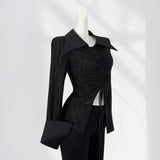 Zingj Earth Wind Unique Top Show Waist Short Black POLO Pointed Collar Draw Rope Horn Sleeve Shirt Forest Witch