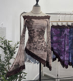 Tie-Dyed Leopard Print Lace Spliced Double-Layer Mesh Shoulder Irregular Loudspeaker Top