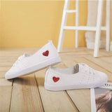 Solid Color Female Red Heart Shaped Shoes Women PU Leather Casual Lace-Up Sneakers Girls School Platform Ladies White