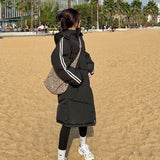 Women's Cotton Coat Mid-Long Winter Casual Jacket Loose Plus Velvet Drawstring Zipper Hooded Warm Overcoat Parkas