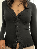 Front Buttons Lace Panel Knit Top- Outfit