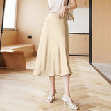 Summer Midi High Waist Satin Skirt Elegant A-Line Solid Office Ladies