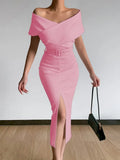 Women Off Shoulder Slim Evening Dress Solid Sexy Sleeveless Bodycon Bag Hip Dress Elegant Waist Summer Split Lady