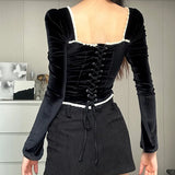 Zingj Women's French Temperament Square Collar Sexy Back Strap Slim Fashion Lace Show Thin Long-Sleeved Jacket Female- Outfit