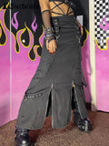 SUCHCUTE Gothic Bandage Women Midi Skirts Grunge Fairycore Low Waist Zipper Skirt Dark Academic Hip Hop Streetwear Punk