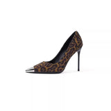 New Small Design Metallic Iron Head Leopard Tip High Heel Shoes Shallow 10 Cm Fine Heel Single Shoes