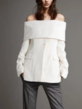 Retro Wind Autumn 2025 New One-Word Collar Long Sleeve Closed Waist Solid Color Medium Long Buckle Small Suit Jacket
