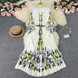 Zingj New Women's Dress Oversized Skirt Print Pleated Waist Lace Holiday