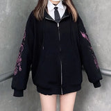 Rhinestone Skeleton Hoodies Women Gothic Black Zip Up Oversized Sweatshirts Female Retro Harajuku Hooded Jacket