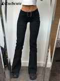 SUCHCUTE Metal Button Sexy Low Waist Flare Pants Black Women Casual Skinny Gothic Streetwear Girls Straight Trousers Punk