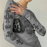 Women Vintage Y2K Grunge T-shirt Long Sleeve O Neck Gothic Cross Angel Wings Printed Retro Rhinestone Slim Fit