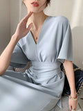 New Women Short Sleeve Office Lady Elegant Vestidos Femme Clothes Midi Slim Solid Lace Up