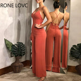 Women Jumpsuits Plain Halter Backless Wide Leg Jumpsuit V Neck