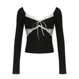 Lace Patchwork Bow Knot Long Sleeve TeeOutfit