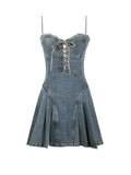 Denim Dress Hip Package Elastic Drawstring Lace Up Spaghetti Starp Mini Bodycon A-line Vestidos Sexy Streetwear