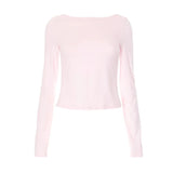 Pink Backless Bow Long Sleeve Top-Outfit