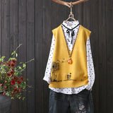 Embroidery V-neck Knitted Sweater Vest Female Literary Fan Loose Sleeveless Cartoon Pattern Sweater Vest Women