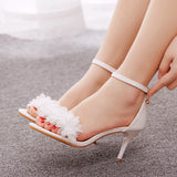 Cm Temperament Word With Light Mouth Fine Sandals White Flowers Wedding Shoes Fine Heel Small Summer