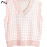 Loose sleeveless vest sweater 2021 autumn winter women's houndstooth knitted vest V-neck sleeveless pullover sweater