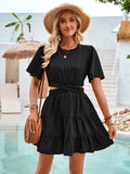New Fresh Dress Women's Round Collar Hollow Short Sleeve Waist