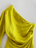 Asymmetrical Long Dress Women Yellow Satin Dress Woman One Shoulder Elegant Party Dresses 2023 Ruched Midi Summer