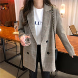 Ladies Notched Collar Plaid Women Blazer Double Breasted Autumn Jacket 2021 Casual Pockets Female Suits