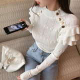 Sleeve Turtleneck Buttons Sweater Jumpers Girls Stretchy Chic Ruffles Autumn Spring Sweaters Pullovers Tops