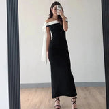 Black Ribbon Off-shoulder Maxi Dress- Outfit