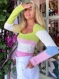 Knitted Long Sleeve Crop Top Women Beach Autumn Summer Patchwork Vintage Green Casual T Shirts Sexy