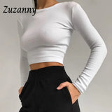 O Neck Long Sleeve Shirt Women Ribbed Sexy Cropped Tops Spring Black Casual Skinny Slim Basic Woman T Shirts