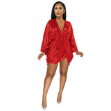 T-sleeve Dress Sexy Sequin Elegant Party Evening V-neck Long Sleeve Loose Mini Vestidos Autumn Female Crystal