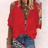 Lace Zipper Blouse Hollow Out Short Sleeve Women V-neck 5XL Casual Fashion Shirt Lady Loose Sexy Elegant Tops Mujer