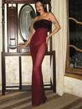 Strapless Red Feather Mesh Maxi Dress- Outfit