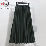 Women Elegant Long Pleated Skirts Spring Autumn Classic High Waist Solid Vintage Saias Midi