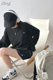 Waffle Long Sleeve Hoodies O Neck Sweatshirts Women Shorts Two Piece Set Knee Length Summer Elastic Waist
