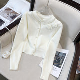 Zingj Version Small Sweet Wind Is Versatile Short Money Long Sleeve Sweater Qiu Dong New Style Sweet Stereo Flower Nail Bead Knit Cardigan Female-Outfit