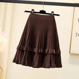 Knit Solid Elastic High Waist Ruffles Pleated Midi Skirt- Outfit