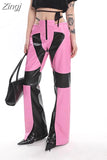 Spring Autumn Sexy Pink and Black Patchwork Hollow Out Pu Leather Flare Pants for Women Emo Designer Gyaru Clothes