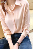 Women's Silk Shirts V-neck Solid Laides Tops Womens 2023 Spring Fashion Satin Long Sleeve Blouses Button Up White OL Vintage